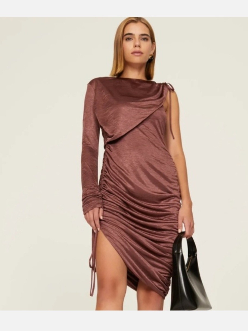 One-Shoulder Ruched Satin Dress in Metallic Bronze